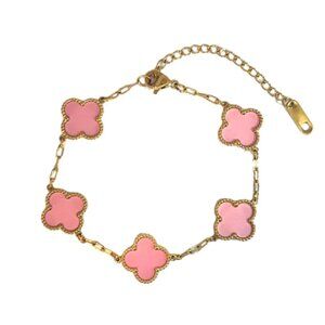 Gold and Pink Large Stainless Steel Four Leaf Clover Bracelet New
